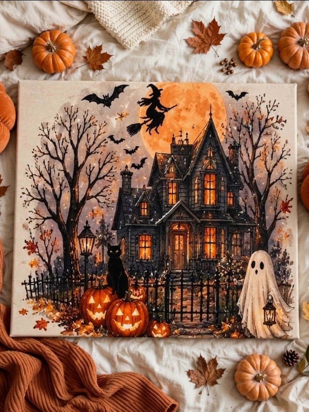 Halloween Haunted House Canvas Art - Orange & Black